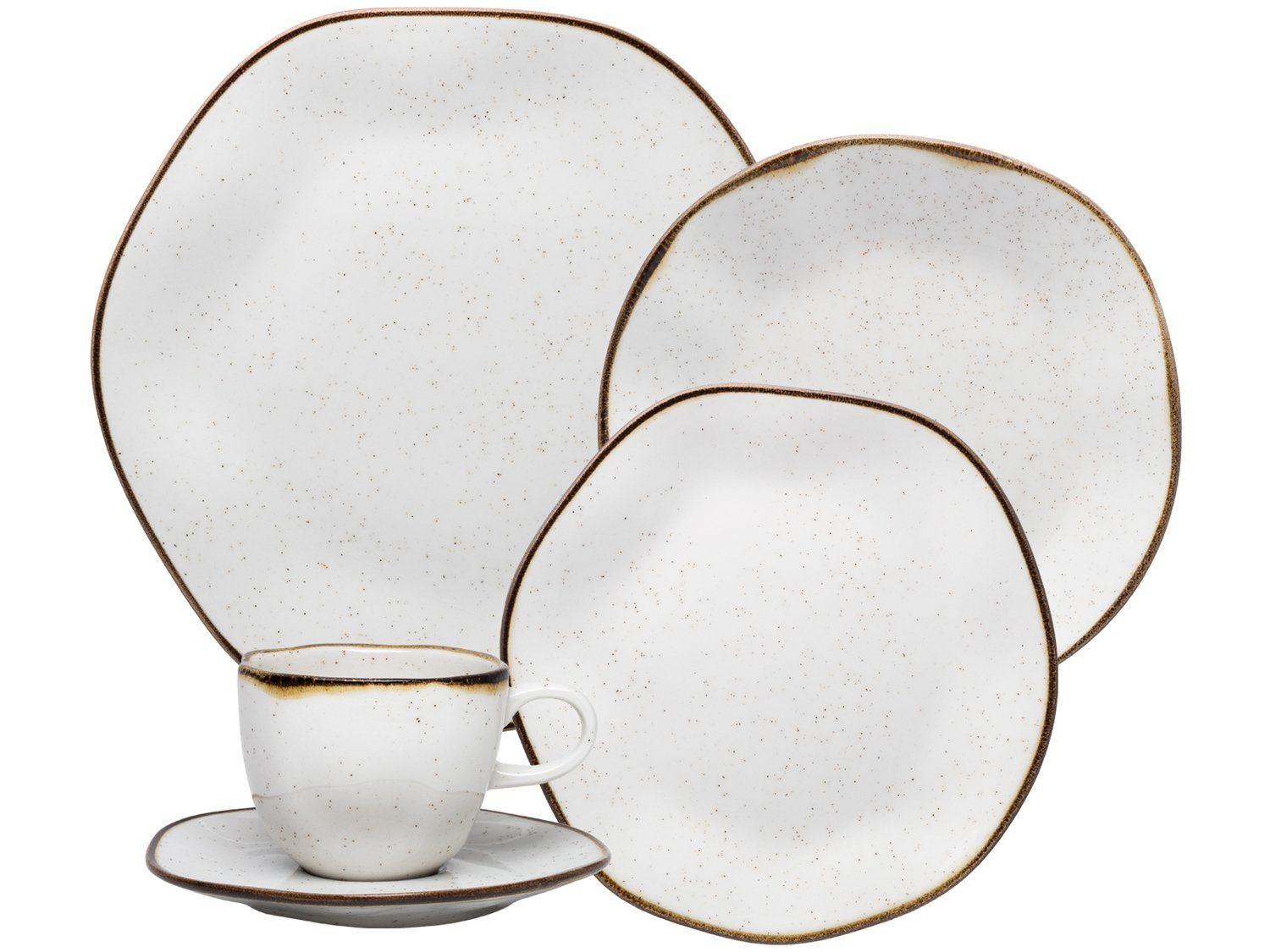 Aparelho de Jantar Chá 20 Peças Oxford Redondo Porcelana Branco e Marrom Maresia