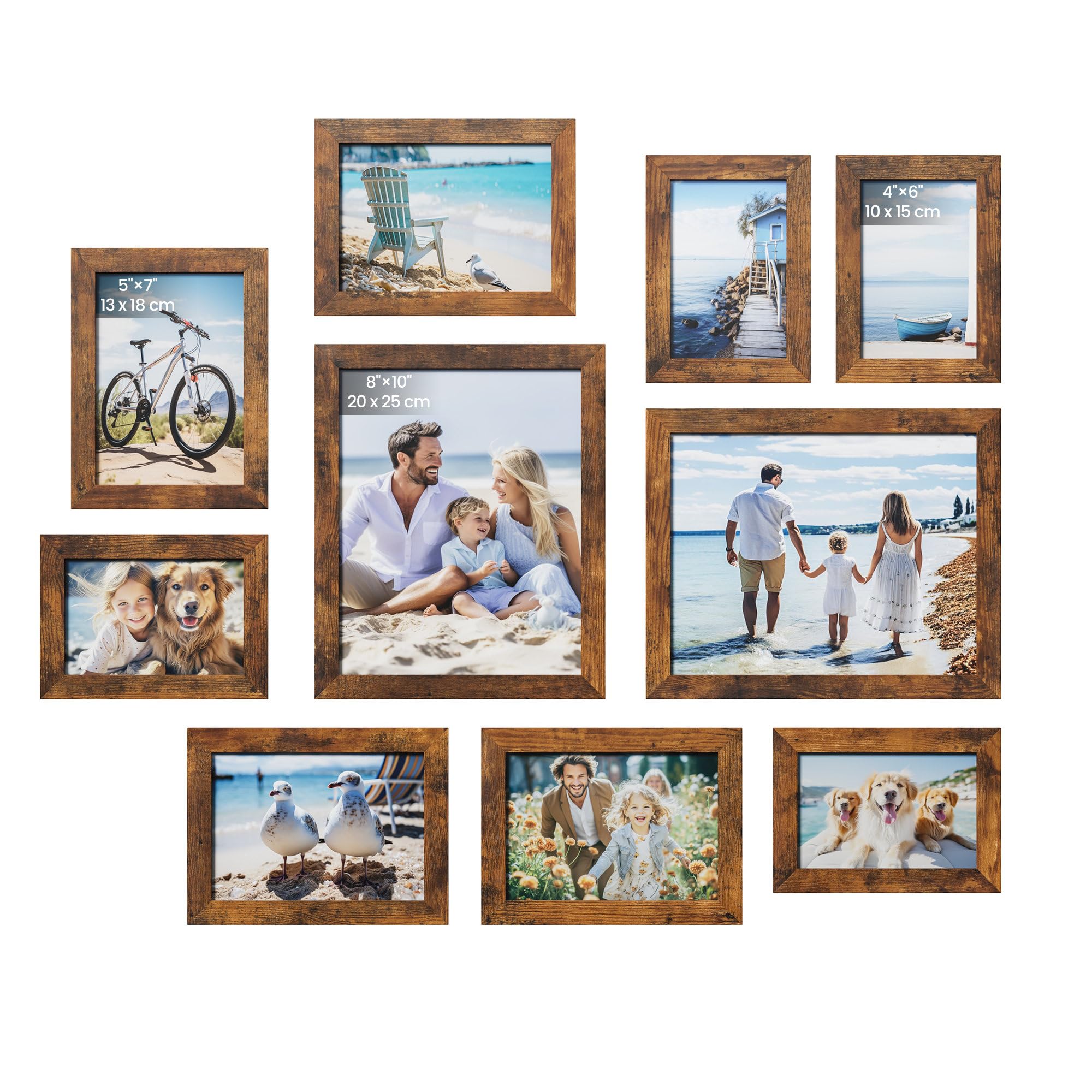 SONGMICS Conjunto com 10 Porta‑retratos Tipo Colagem, com 2 Porta‑retratos de 20 x 25 cm, 4 de 13 x 18 cm e 4 de 10 x 15 cm, para Parede ou Mesa, Frente em Vidro Transparente, Marrom Rústico BRRPF010X01