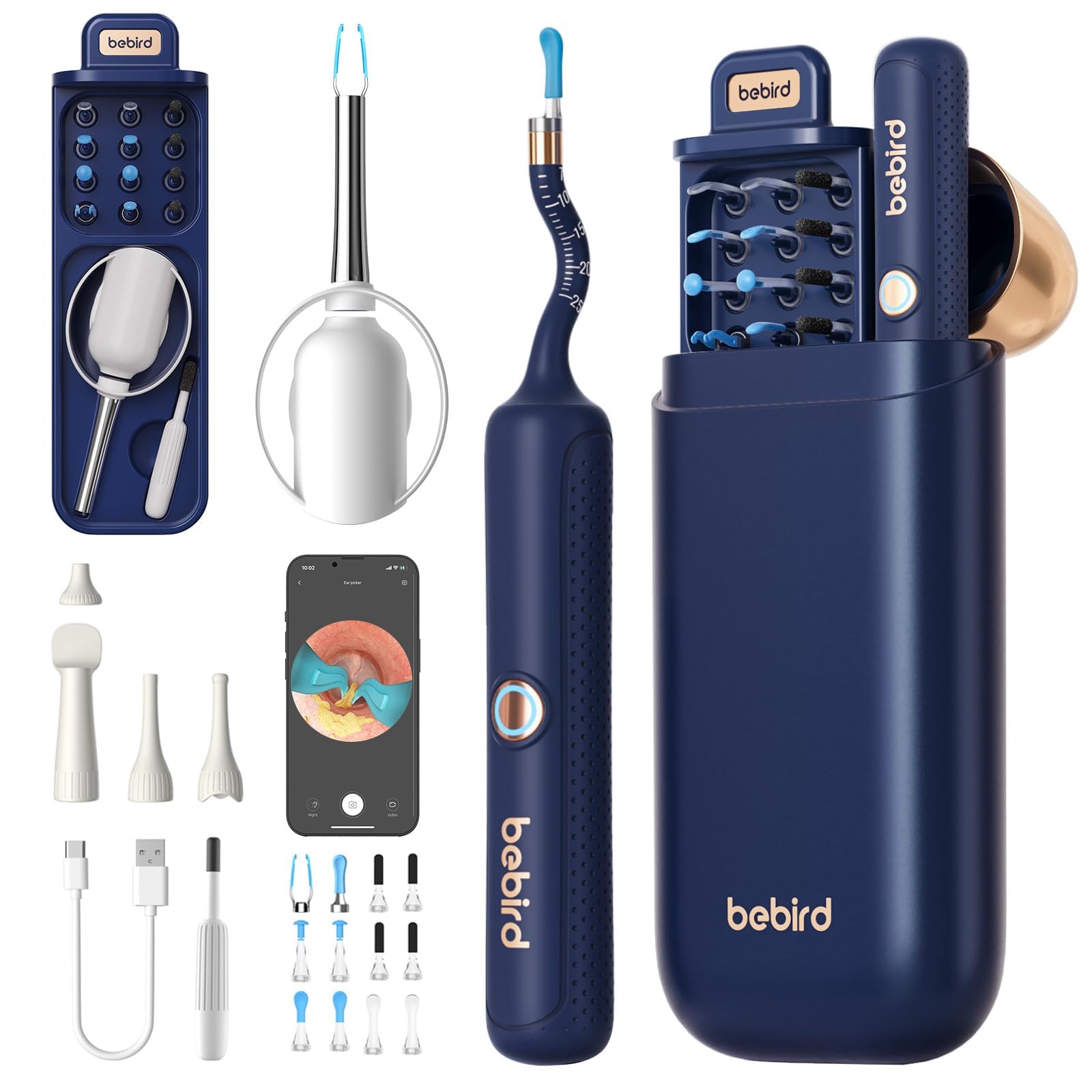 BEBIRD Earsight Plus Kit de Limpeza Visual de Ouvido (Azul) | Câmera Flexível com Luz e Pinça Sem Fio para Remoção de Cera, Ferramenta de Cuidado Pessoal