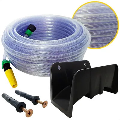 Kit Completo de Mangueira de Jardim Trançada Cristal com Suporte, Esguicho, União e Fixação Tamanho:15m