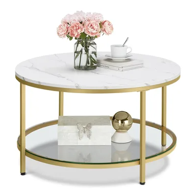 VASAGLE Mesa de Centro, Tampo de Mármore Sintético, 80 x 80 x 45 cm | Centro de Sala com Prateleira de Vidro, Estrutura de Aço, Branco Mármore e Dourado, Coleção Baris, BRLCT071W59