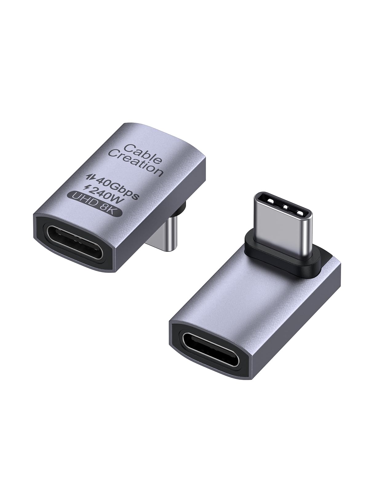 CableCreation Adaptador USB-C de 90 graus (pacote com 2), 40 Gbps 240 W | adaptador USB-C com ângulo ascendente, macho para fêmea para Steam Deck, ROG Ally, Switch, notebook e PC