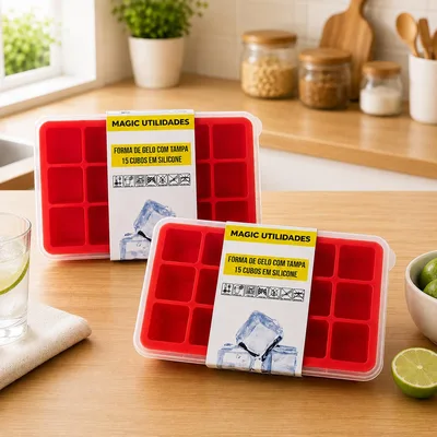 Kit Com 2 Formas de Gelo em Silicone com Tampa Ideal Para Congelar Papinha Bebê Livre Bpa Produz 15 Cubos de Gelo Por Vez de 35ml Cada Prática Resistente Magic Utilidades
