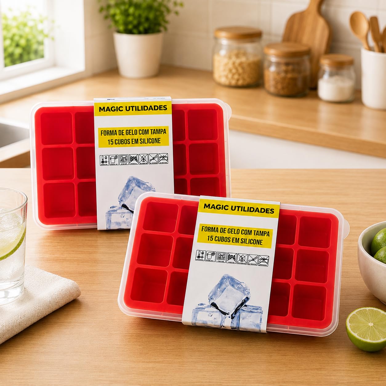Kit Com 2 Formas de Gelo em Silicone com Tampa Ideal Para Congelar Papinha Bebê Livre Bpa Produz 15 Cubos de Gelo Por Vez de 35ml Cada Prática Resistente Magic Utilidades
