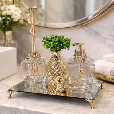 Combo para Lavabo e Banheiro Organizador - Saboneteira Estrela + Frasco Aromatizador + Vaso e Enfeite + Bandeja Espelhada + Combo Varetas Decoradas (Dourado).