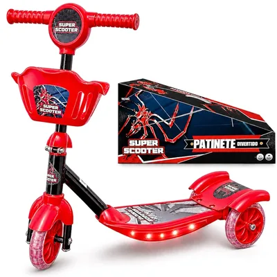 Patinete Musical Homem Aranha 3 Rodas Luz Freio Sons e Cesta