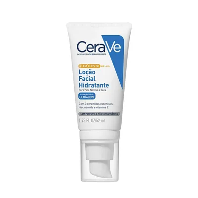 CeraVe AM FPS 50, Loção Facial Hidratante com 3 Ceramidas Essenciais, Ácido Hialurônico e Niacinamida, Proteção UVA/UVB e Hidratação 24h para Pele Normal a Seca, 52g