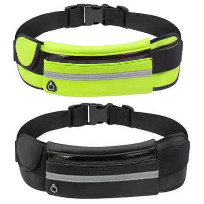 Pochete Esportiva Impermeável Kit com 2 Unidades para Corrida Academia Caminhada Ciclismo Ajustável até 120 cm 3 Compartimentos para Celular Chaves Documentos Doleira Esportiva (Preto + Verde Flúor)