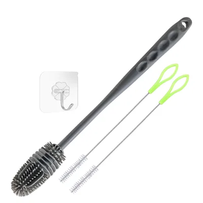 Kit Escovas para Lavar Garrafas e Canudos - Escova de Silicone para Limpeza de Mamadeira e Garrafa + 2 Escovas para Canudos + Gancho adesivo – Não Risca e Alcança Áreas Difíceis