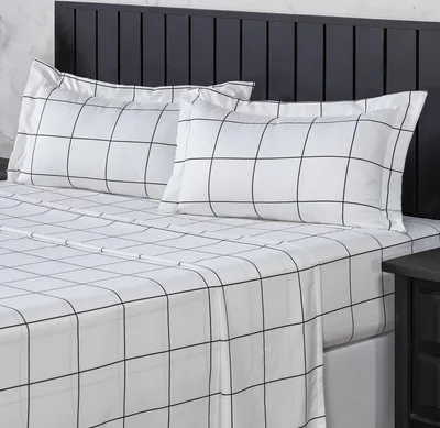Jogo de Cama 400 Fios Percal Com Lençol de Cima e Aba Americana, Antiácaro, Anti-pilling com Toque Macio Elástico Hotel (Chess, King)