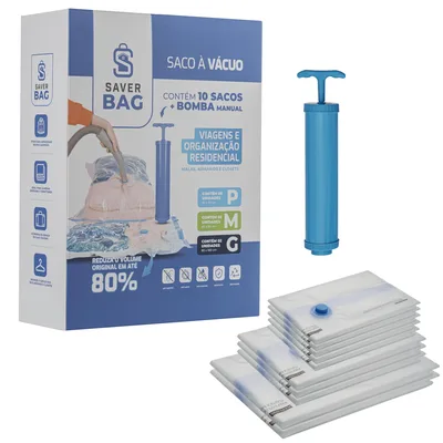 Kit Sacos a Vácuo c/Bomba Manual SaverBag c/10 unds (5 "P" 50x70, 3 "M" 60x80, 2 tam "G" 80x100) linha premium c/ 7 Camadas de Proteção, Reduz até 80% do Volume, 100% reutilizável