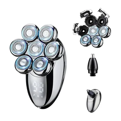Barbeador Elétrico Masculino com 7 Lâminas Flutuantes 360°, IPX7 à Prova D'água, Máquina de Barbear USB Recarga Rápida, 50 Minutos Autonomia, Display LED + Acessórios (Cortador de Pelos Nasais)
