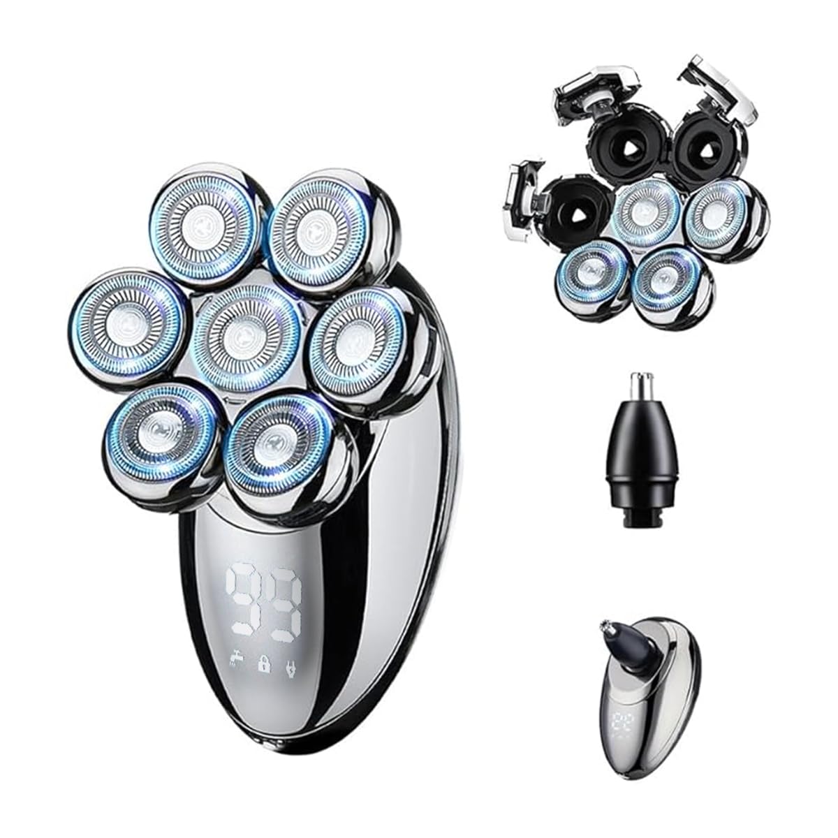 Barbeador Elétrico Masculino com 7 Lâminas Flutuantes 360°, IPX7 à Prova D'água, Máquina de Barbear USB Recarga Rápida, 50 Minutos Autonomia, Display LED + Acessórios (Cortador de Pelos Nasais)
