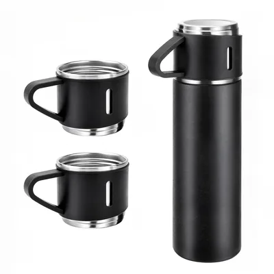 JustGoFit Garrafa Térmica + 2 Xícaras – Conjunto de Viagem – Aço Inoxidável 500ml Preto Fosco
