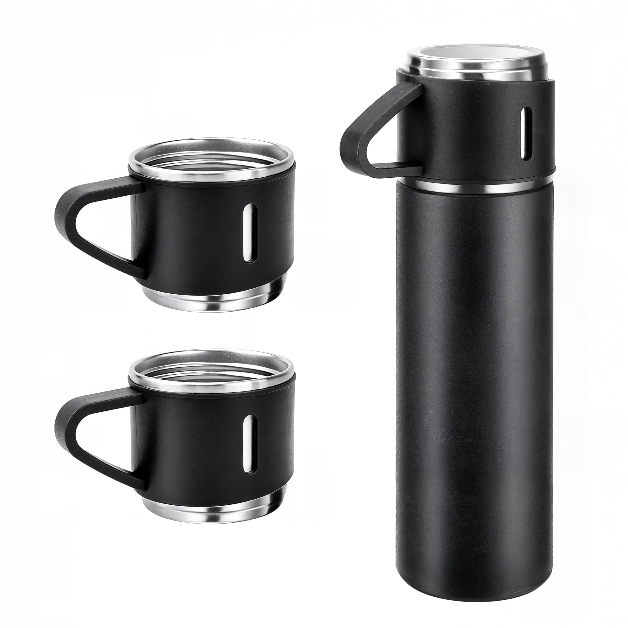 JustGoFit Garrafa Térmica + 2 Xícaras – Conjunto de Viagem – Aço Inoxidável 500ml Preto Fosco