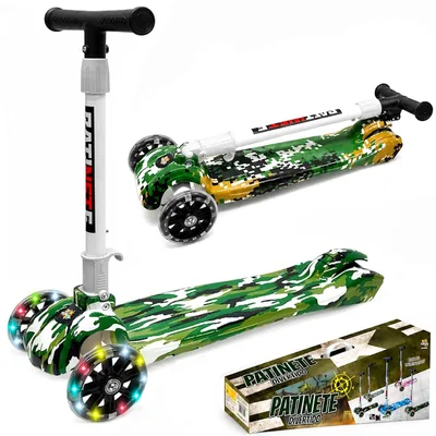 Patinete Infantil Militar Verde Camuflado Ajuste Altura 3 Rodas Luz Até 45kg Presente Meninos