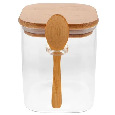 Pote de Vidro Hermético Quadrado com Tampa de Bambu e Colher para Café, Açúcar, Temperos e Doces (800ml)
