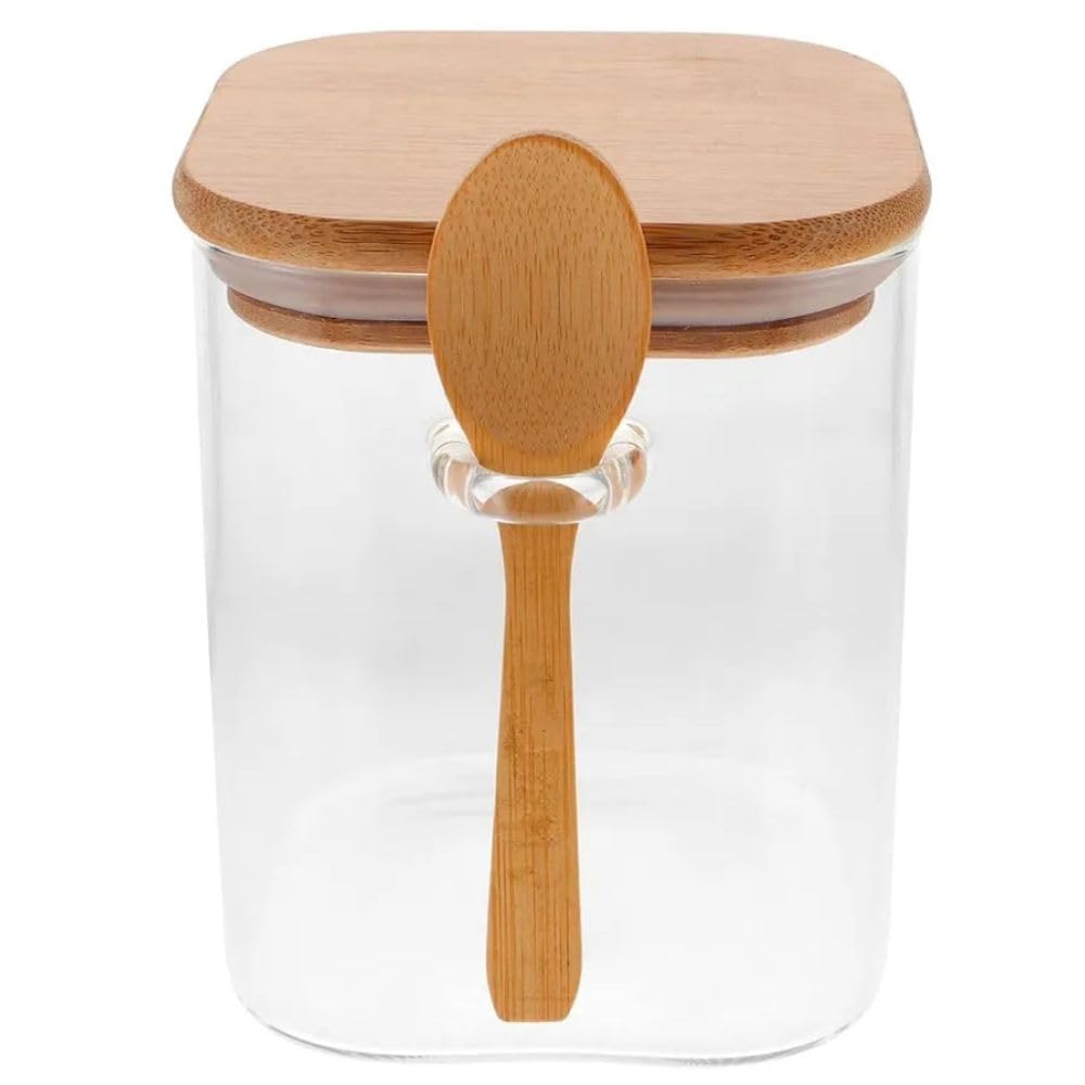 Pote de Vidro Hermético Quadrado com Tampa de Bambu e Colher para Café, Açúcar, Temperos e Doces (800ml)