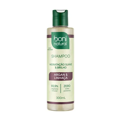 BONI NATURAL - Shampoo Vegano e Natural de Argan e Linhaça para Todos os Tipos de Cabelo, Hidratação e Brilho, 300 ml