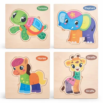 Kit 4 Quebra-Cabeças Infantil de Madeira Montessori | 3+ | Animais