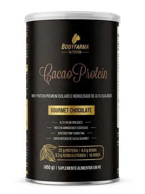 Whey Protein Isolado e Hidrolisado Cacao Protein Bodyfarma Chocolate 450g | 23g de Proteina por Dose | 15 Doses | 35% Cacau Brasileiro | Adocado com Taumatina da Fruta | Sem Gluten