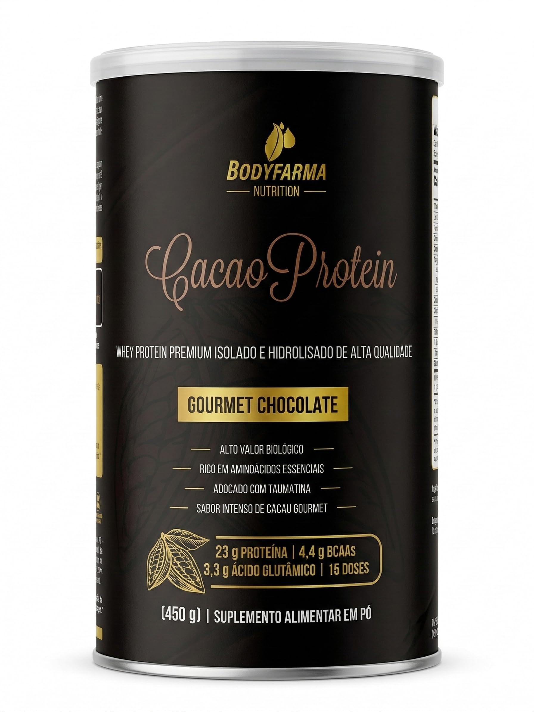 Whey Protein Isolado e Hidrolisado Cacao Protein Bodyfarma Chocolate 450g | 23g de Proteina por Dose | 15 Doses | 35% Cacau Brasileiro | Adocado com Taumatina da Fruta | Sem Gluten