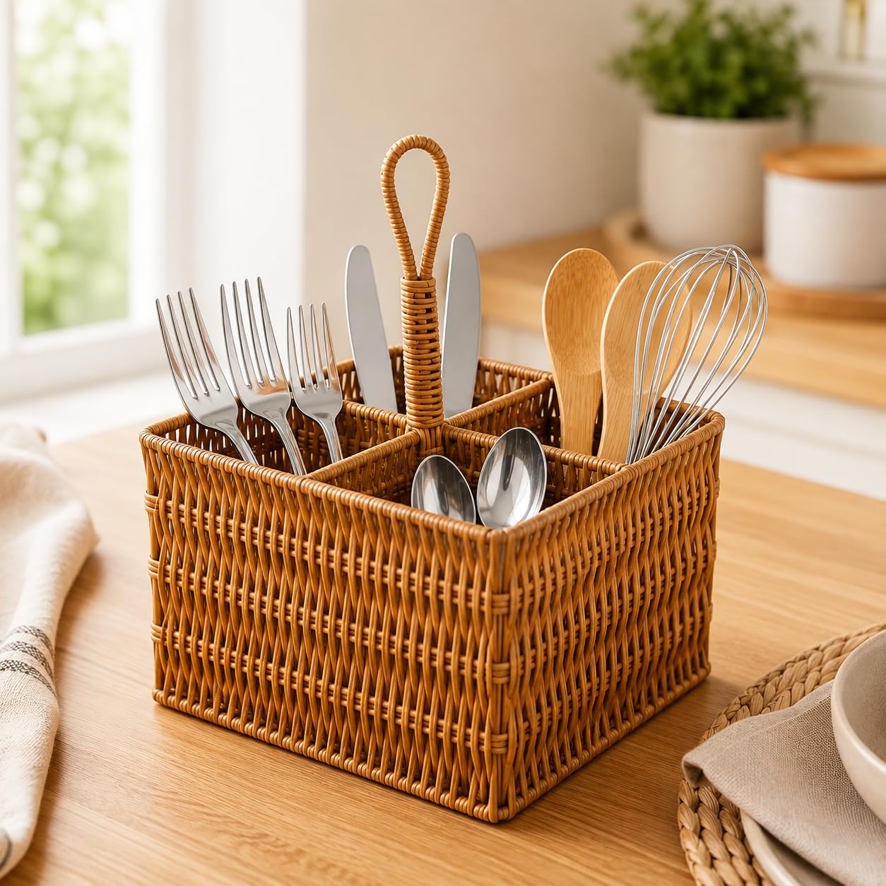 Organizador de Talheres e Utensílios 4 Compartimentos Fibra Estilo Rattan | Estilo Rústico, Multiuso, Mantenha a Cozinha Organizada - Perfeito Para Organizar Mesas de Restaurantes e Bares