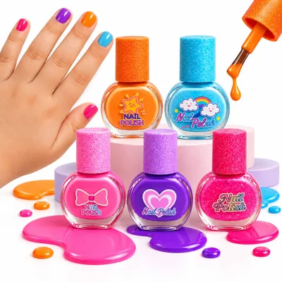 Kit Esmalte Infantil à Base de Água 5 Cores Removíveis | Brincadeira de Manicure Fácil Remoção