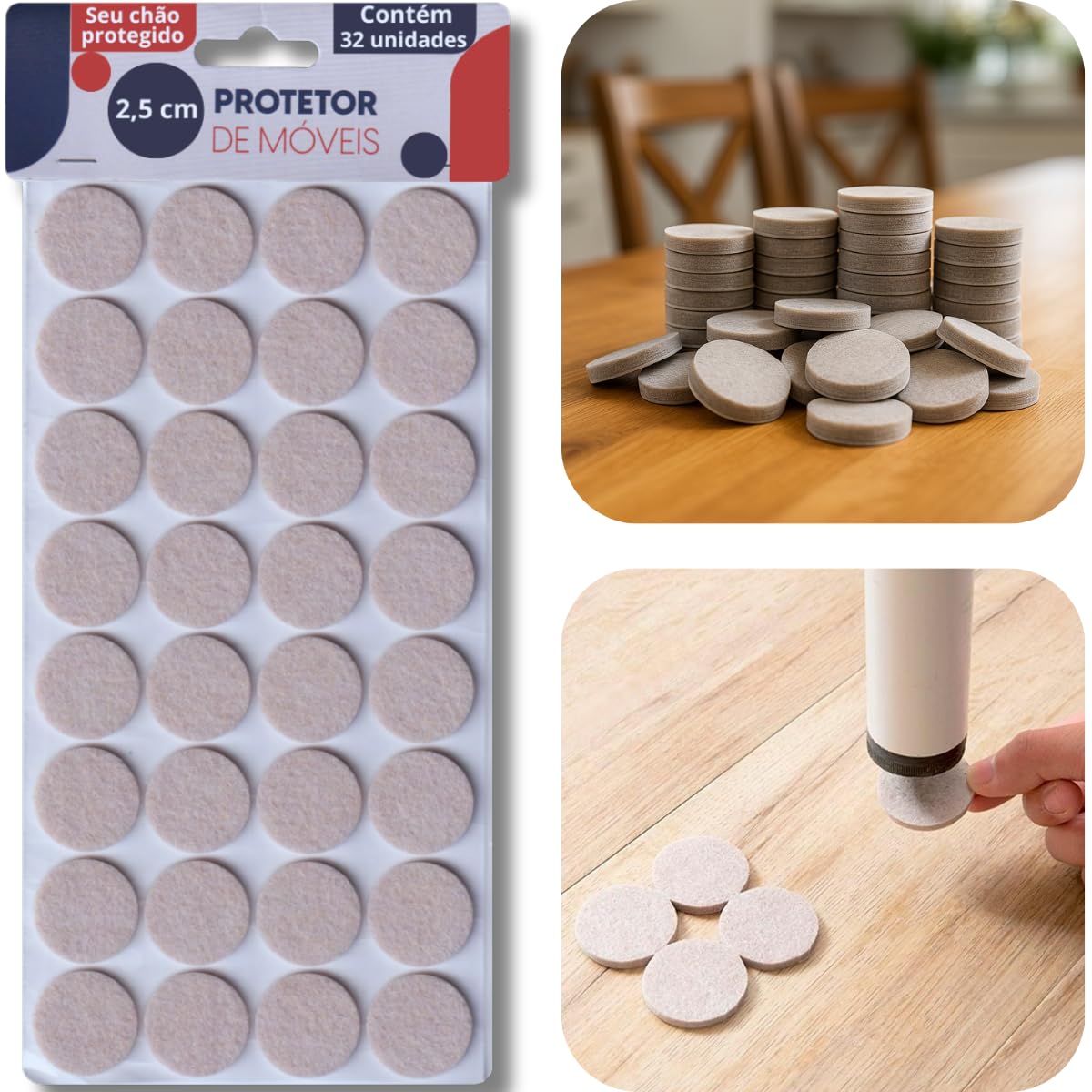 Kit 32 Feltro Adesivo Protetor para Pé de Cadeira, Sofá e Móveis Pesados Proteção e Durabilidade Ideal, Antideslizante Redondo