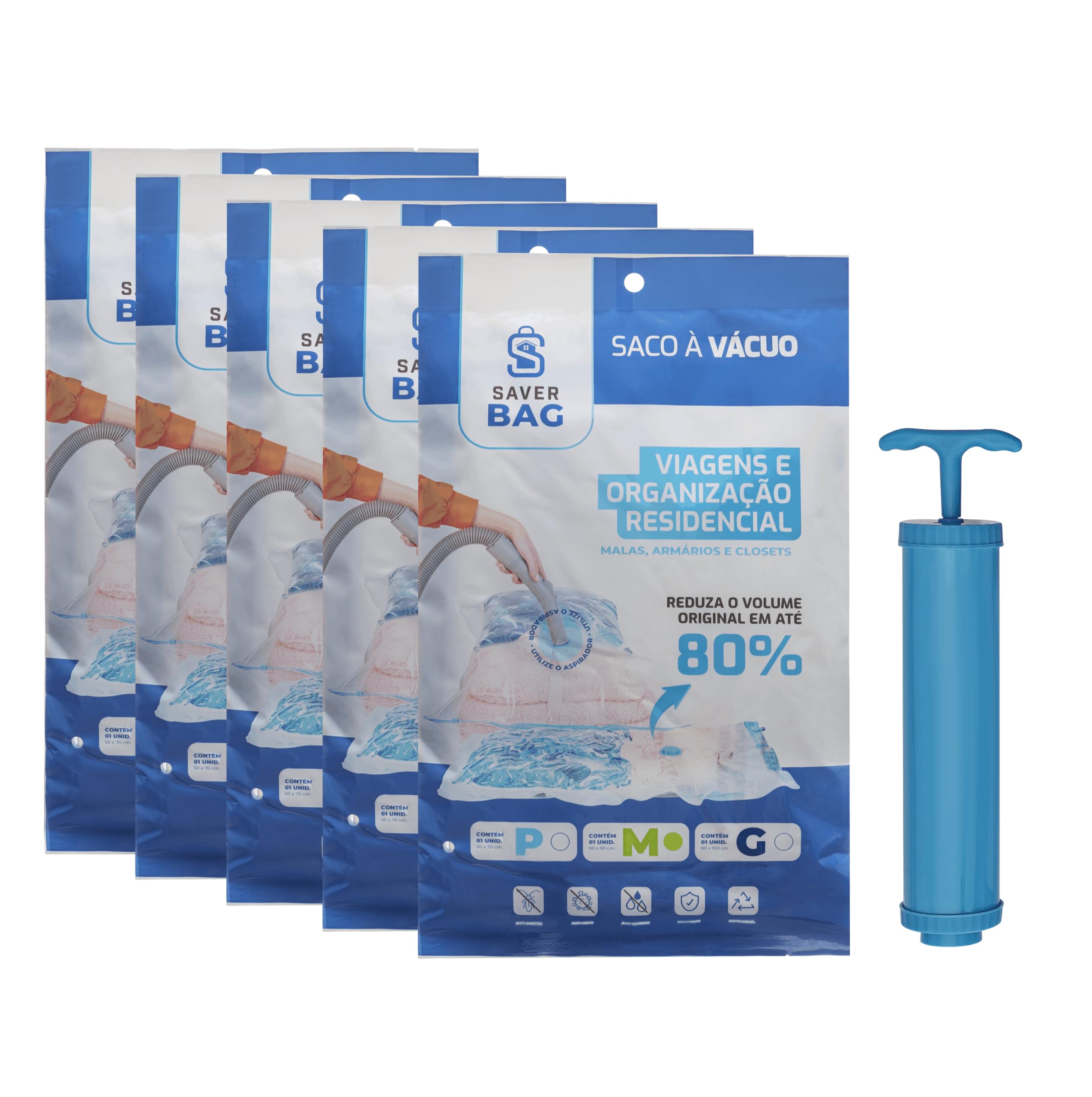Kit 05 Sacos a Vacuo Grandes SaverBag e bomba de sucção Inclusa Linha Premiun com 7 camadas de Proteção 50x70 ideal para edredons, cobertores, pelucias e organização domestica, 100% reutilizaveis.
