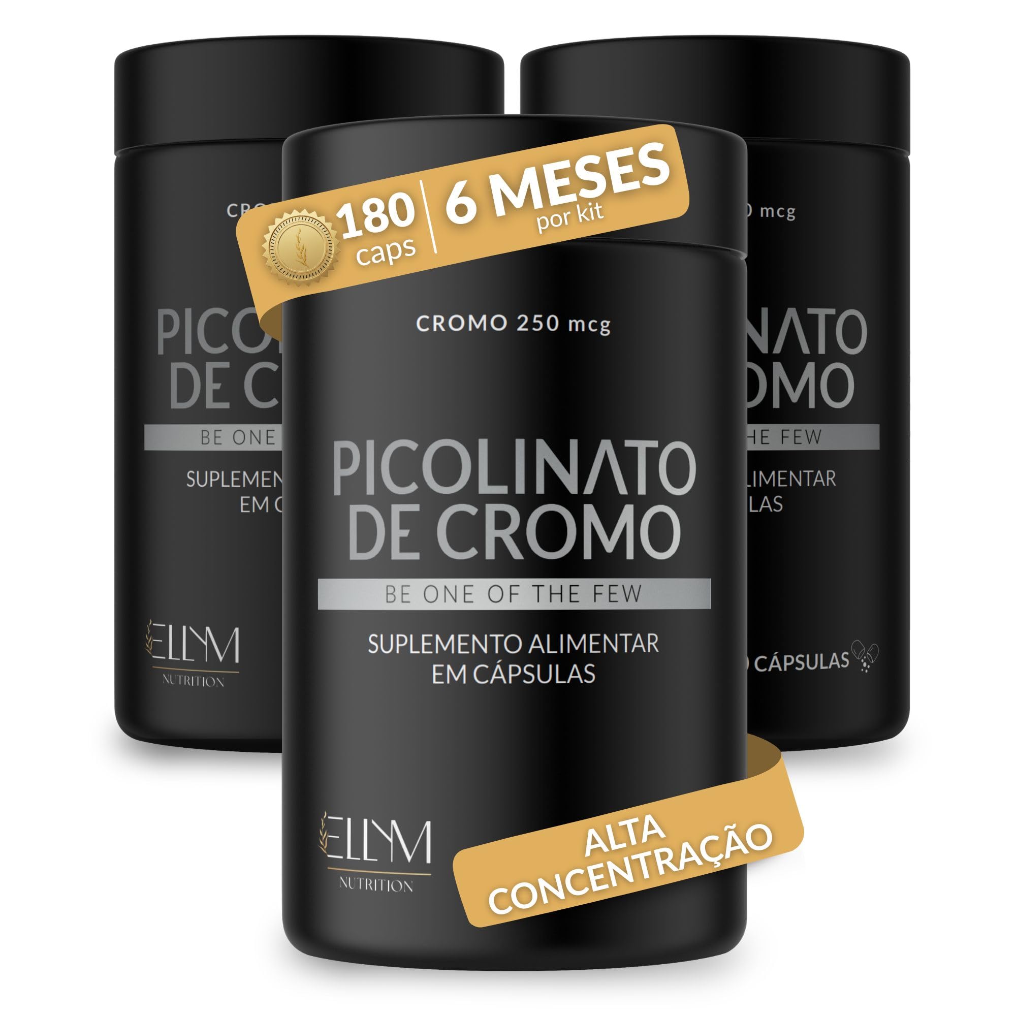 Picolinato De Cromo 250mcg Puro 180 Cápsulas Ellym Nutrition Alta Concentração 6 Meses Auxilia No Metabolismo De Proteínas, Carboidratos E Gorduras