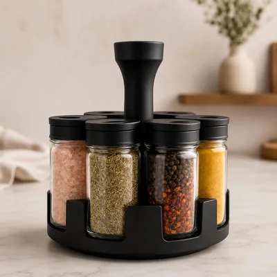 Organizador de Temperos Giratório 360° com 6 Potes de Vidro | Base Premium + Tampas Dosadoras – Cozinha Criativa e Funcional