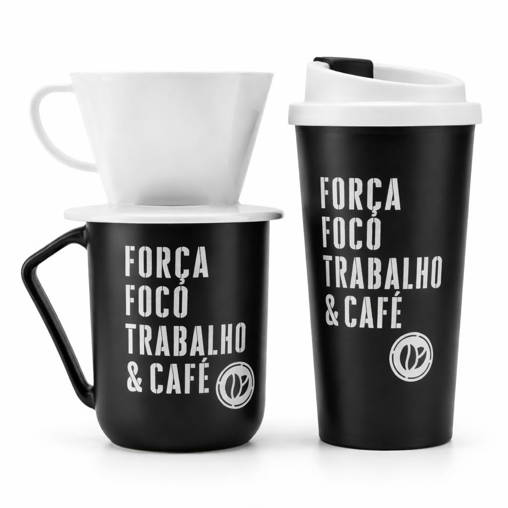 Caneca Café Reutilizável preto e branco com Copo 450 ml, Caneca e Coador | 3 Peças | Portátil para Viagem, Trabalho e Dia a Dia