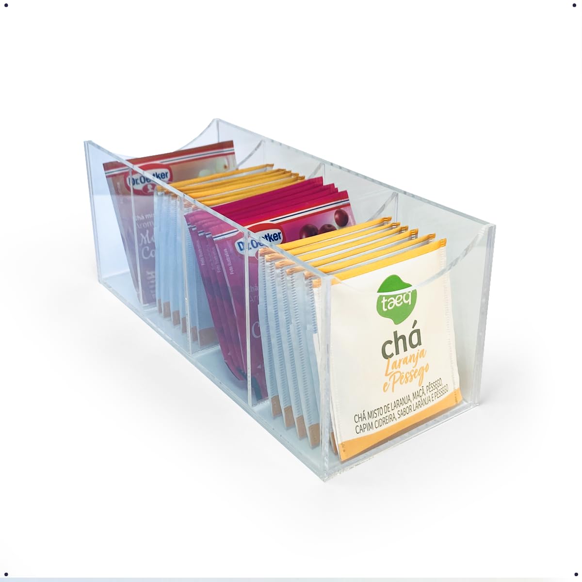 Caixa Acrílica Organizador com 4 Divisórias para Sachês de Chá e Itens Diversos – Sem Tampa, Design Moderno e Compacto