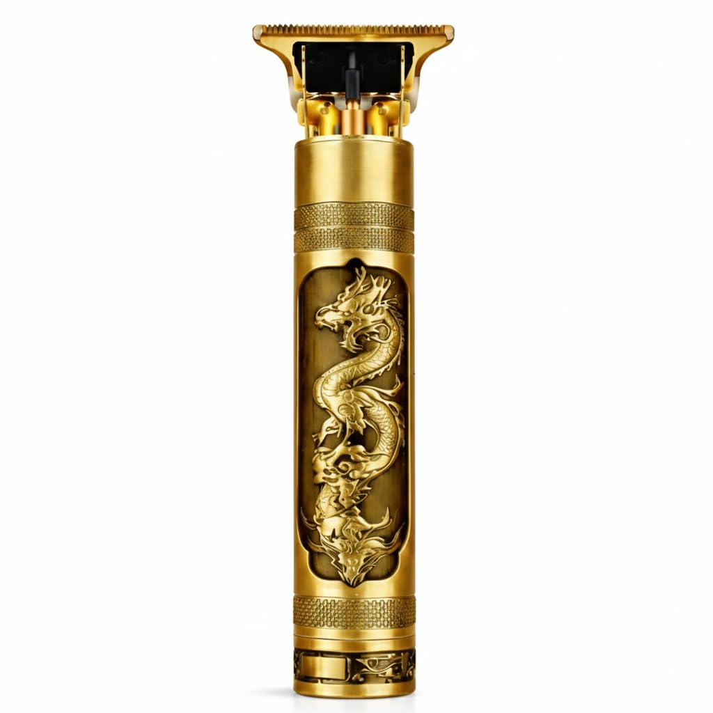 Máquina de Barbear Acabamento Profissional Dragão T9 Sem Fio – Lâmina T-Blade de Precisão, 7000 RPM, Recarregável USB, Design Premium Dourado – Barba, Contorno e Pezinho