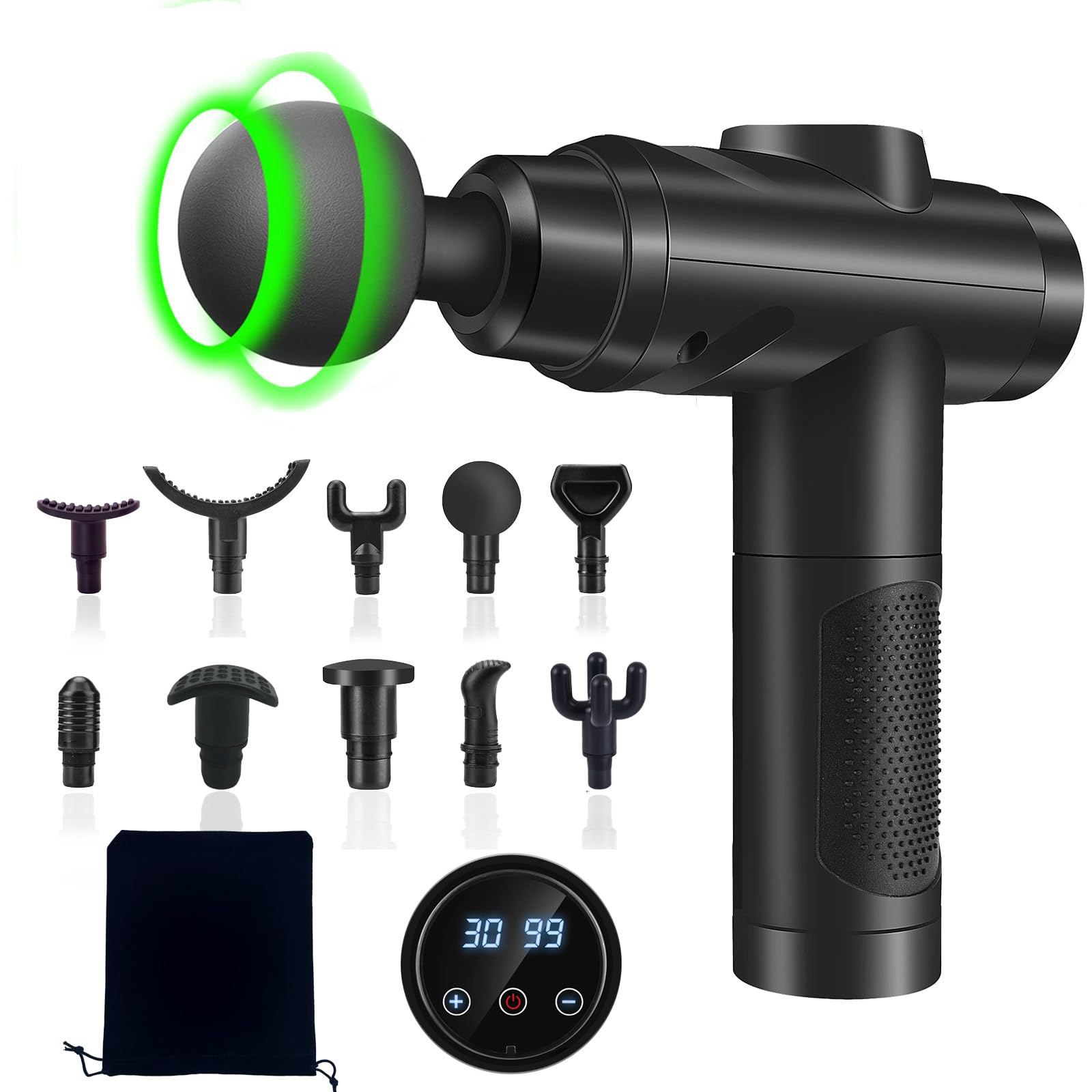 YARUIKE Pistola de Massagem, 30 Velocidades, 10 Cabeças, LCD, Recarregável | Alívio muscular profundo, relaxamento corporal, uso silencioso para casa, costas, pernas e braços após exercícios