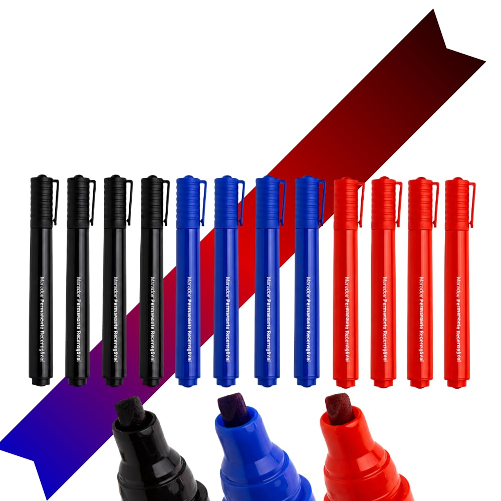 12 Canetão Pincel Marcador Permanente 4 Preto 4 Azul 4 Vermelho Caixa | Secagem Rápida Caneta Atômico Ponta Chanfrada Marcar Papelão Vidro Metal Escritório Escola