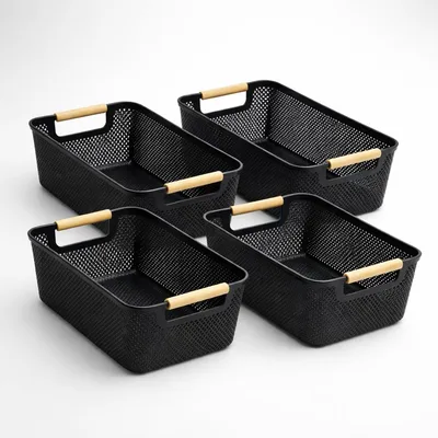 Kit Organizador Multiuso Com 4 Cestos Retangulares em Plástico Vazado com Alças de Madeira Preto Para Roupas e Acessórios - 4 Cestos (Preto)