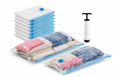 Kit com 10 Sacos a Vácuo para Roupas e Viagem 50x60 cm com Bomba Manual Inclusa, Ideal para Organização de Armário e Mala de Viagem, Compressão de Roupas, Redução de Volume e Economia de Espaço