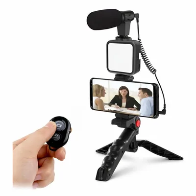 Kit de Gravação Completo com Tripé, Luz LED e Suporte para Celular – Ideal para Vlogs, Lives e Vídeos Profissionais Tripé com Luz LED e Microfone para Celular – Kit Vlogging Profissional Premium