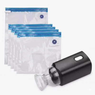 Bomba Elétrica de Sucção de Ar (Recarregável) com 5 Sacos a Vácuo para Alimentos + Cabo USB – Conservação, Frescor e Armazenamento Prático