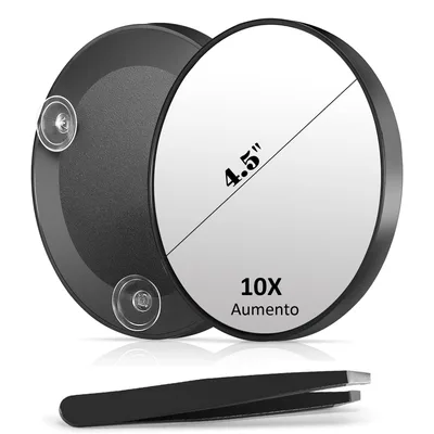 Espelho De Aumento 10X Com Três Ventosas, Preto, 11.4Cm, Portátil Para Viagem, Inclui Pinça Para Maquiagem E Depilação