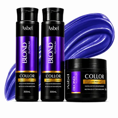 Kit Asbel Blond Platinum Shampoo Condicionador Máscara Matizadora 3 Peças | Manutenção da cor com matização, hidratação e cuidado para cabelos loiros e grisalhos