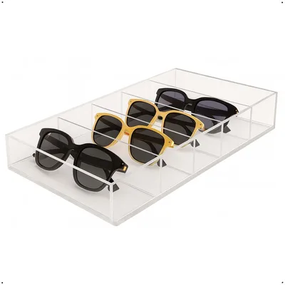 Akria Design Organizador Porta Óculos e Joias em Acrílico Cristal, Bandeja com 6 Compartimentos, 36cmx18 cm x 3 mm