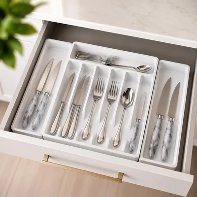 Organizador Porta Talheres Com Duas Bases Extensíveis - Versátil e Prático - Ideal Para Gavetas de 30 a 60cm - Adapta-se a Diferentes Tamanhos - Cozinha Organizada (Branco (White))