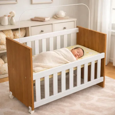 Mini Berço Infantil Nina 2 em 1 Chiqueirinho com Rodízios e Colchão Incluso Portátil Moderno Confortável Seguro Recém-Nascido Bebê Menina Menino Suporte Mosqueteiro (Branco/Freijó)