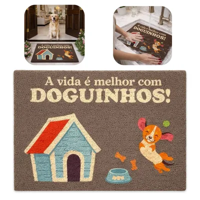 Tapete de Porta Decorado Retangular Estampa Cão Gato Doguinhos Pet Lavável | Capacho Base Antiderrapante Interno e Externo Grande 40x60 cm Frases Animal Desenho Sintético Divertido Macio Flexível Casa