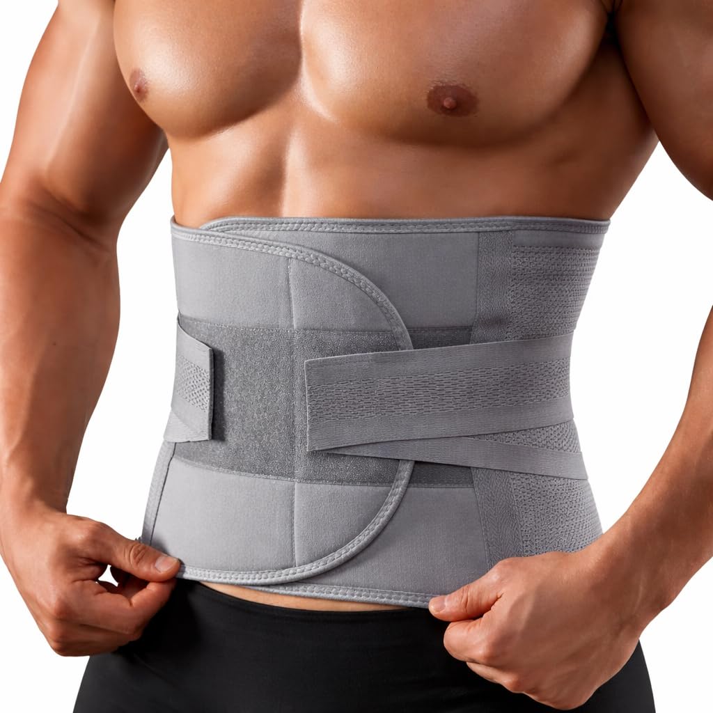 Cinta Modeladora Masculina Abdominal Dupla Compressão, Suporte Lombar, Cinza, Ajustável, para Dores nas Costas e Hérnia de Disco (Grande)