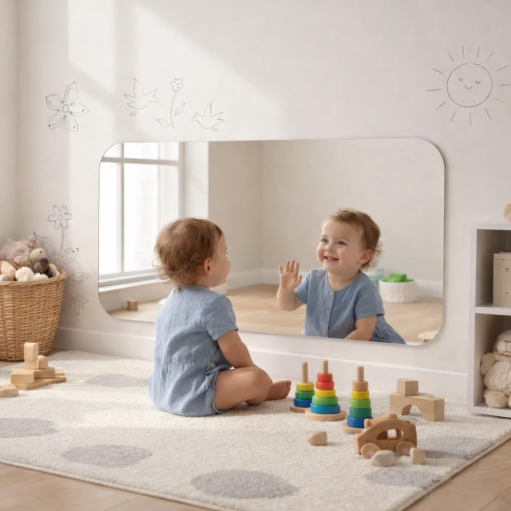 Espelho Acrílico Montessoriano para Bebê 100x50 cm Sem Moldura com Cantos Arredondados, Fixação com Fita Dupla Face, para Quarto Infantil e Brinquedoteca