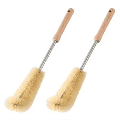 Kit 2 Escovas Limpeza Garrafa Longa 39cm – Escova para Garrafa Térmica, Copo, Agitador Máquina de Lavar, Mamadeira e Jarras – Cabo Madeira Natural, Cerdas Nylon